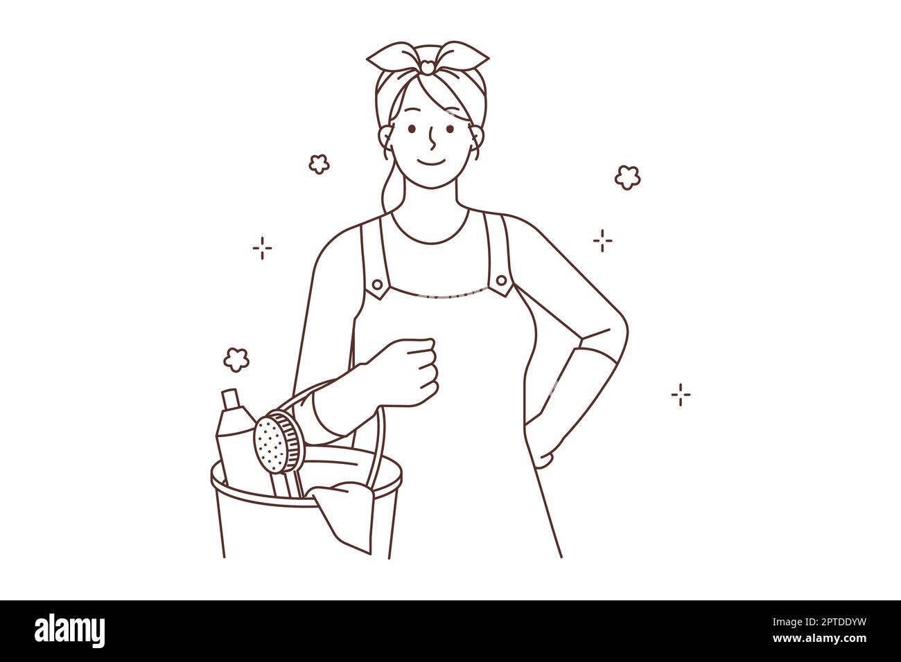 Smiling woman in uniform work in housekeeping service happy female housekeeper with clean bottles sanitor occupation vector illustration stock photo