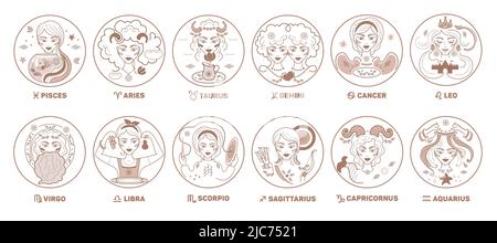 Vector set of zodiac women signs housekeeping constellations golden color on a white background logo tattoo or illustration astrological forecast stock photo