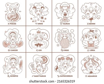 Conjunto vectorial de signos zodiacales mujeres vector de stock libre de regalãas