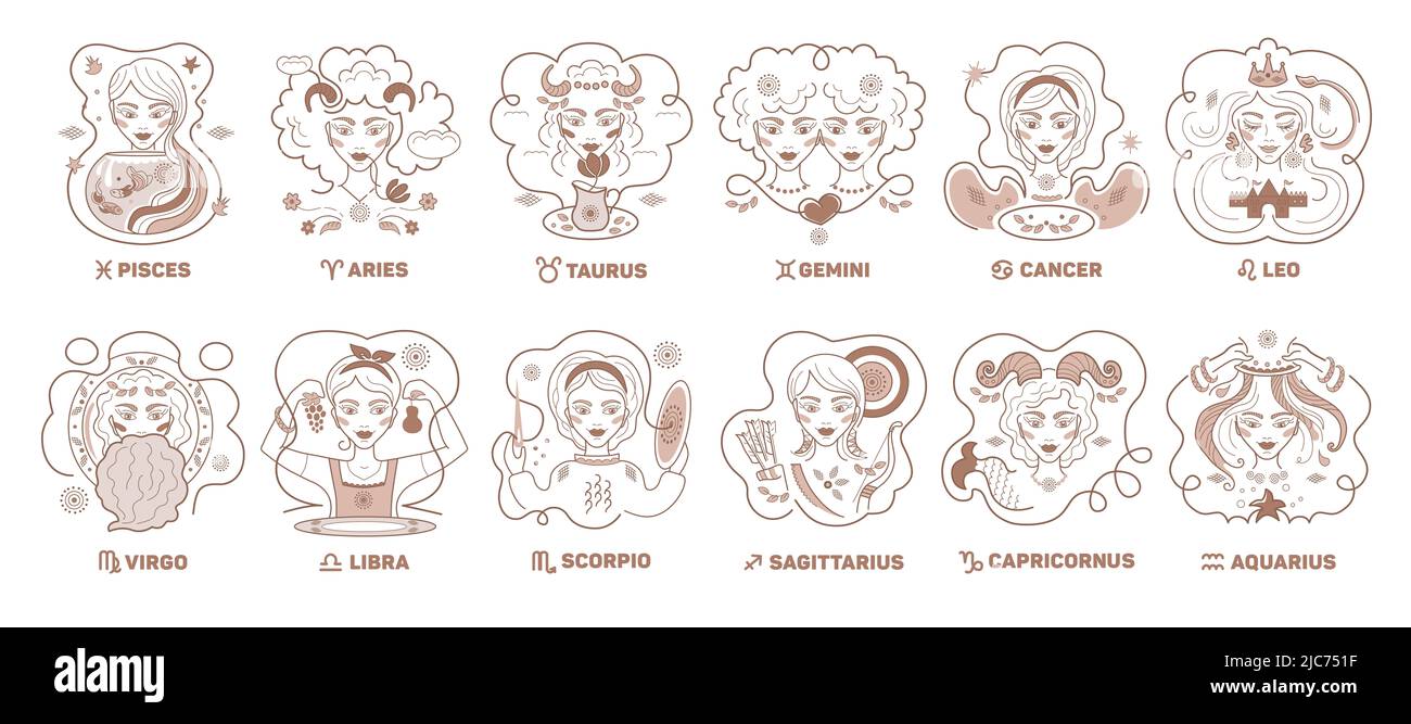 Vector set of zodiac women signs housekeeping constellations golden color on a white background logo tattoo or illustration astrological forecast stock photo
