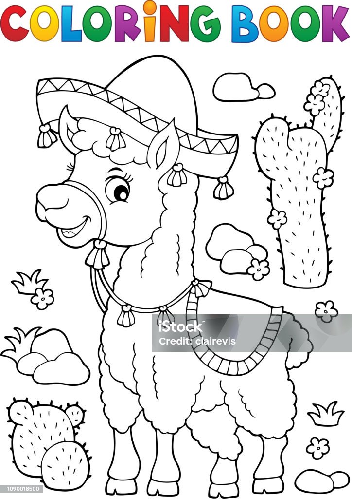 Coloring book llama in sombrero stock illustration