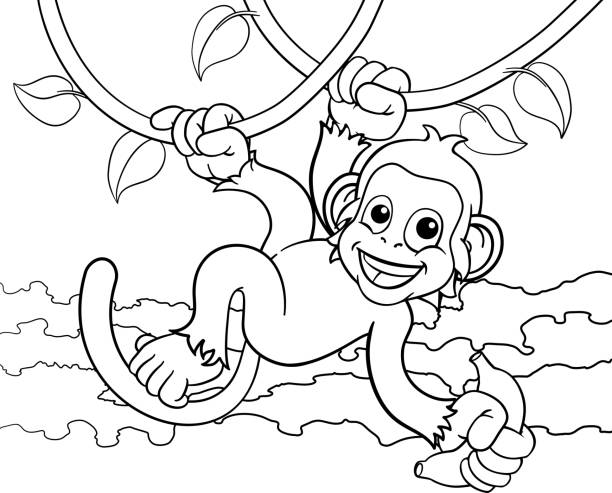 Drawing of a monkey eating bananas stock illustrations royalty
