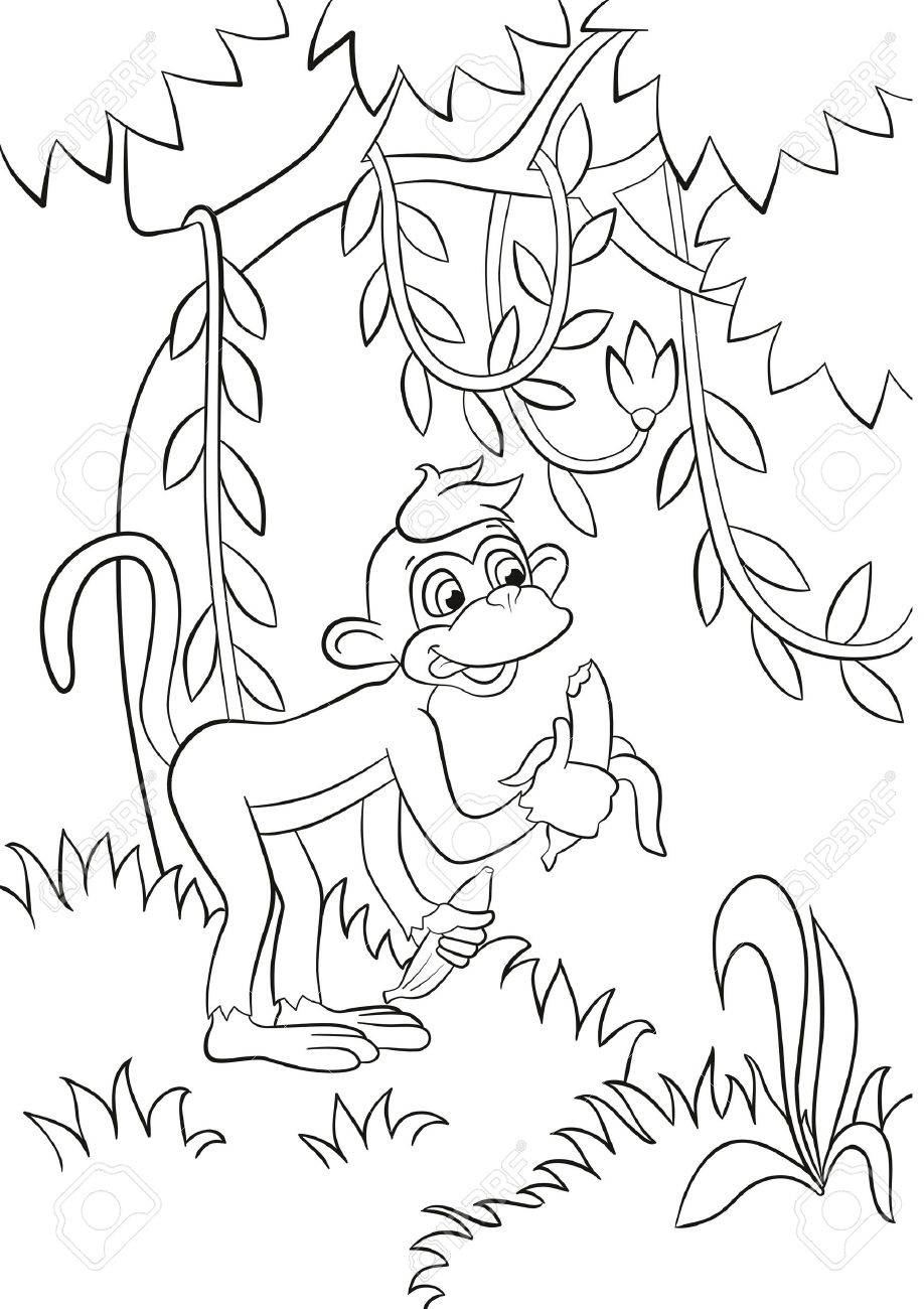 Coloring pages little cute monkey is eating banana in the forest its smiling and happy royalty free svg cliparts vectors and stock illustration image