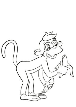 Coloring pages little cute monkey is eating banana in the forest its smiling and happy vector