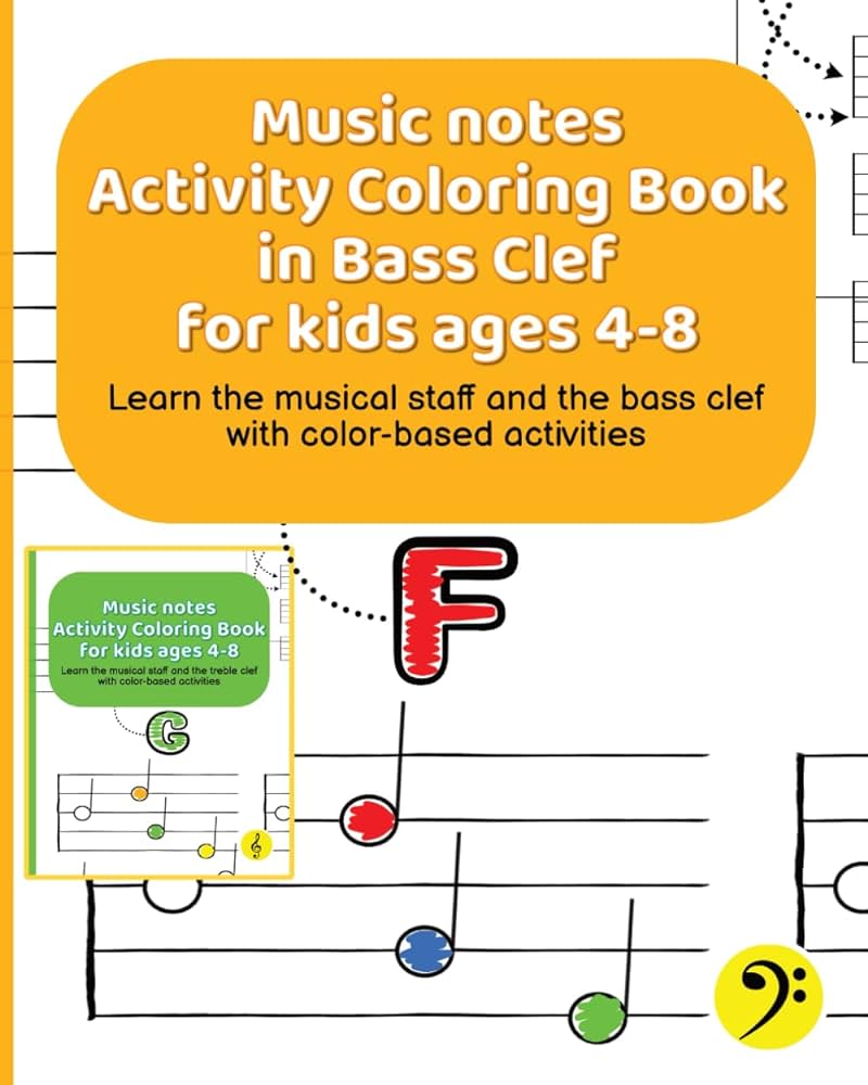 Music notes activity coloring book in bass clef for kids ages