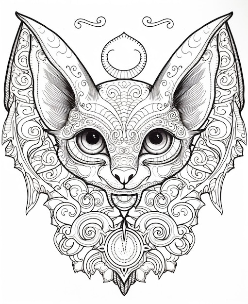 Premium ai image a coloring page of a bat with intricate patterns and a bats face generative ai