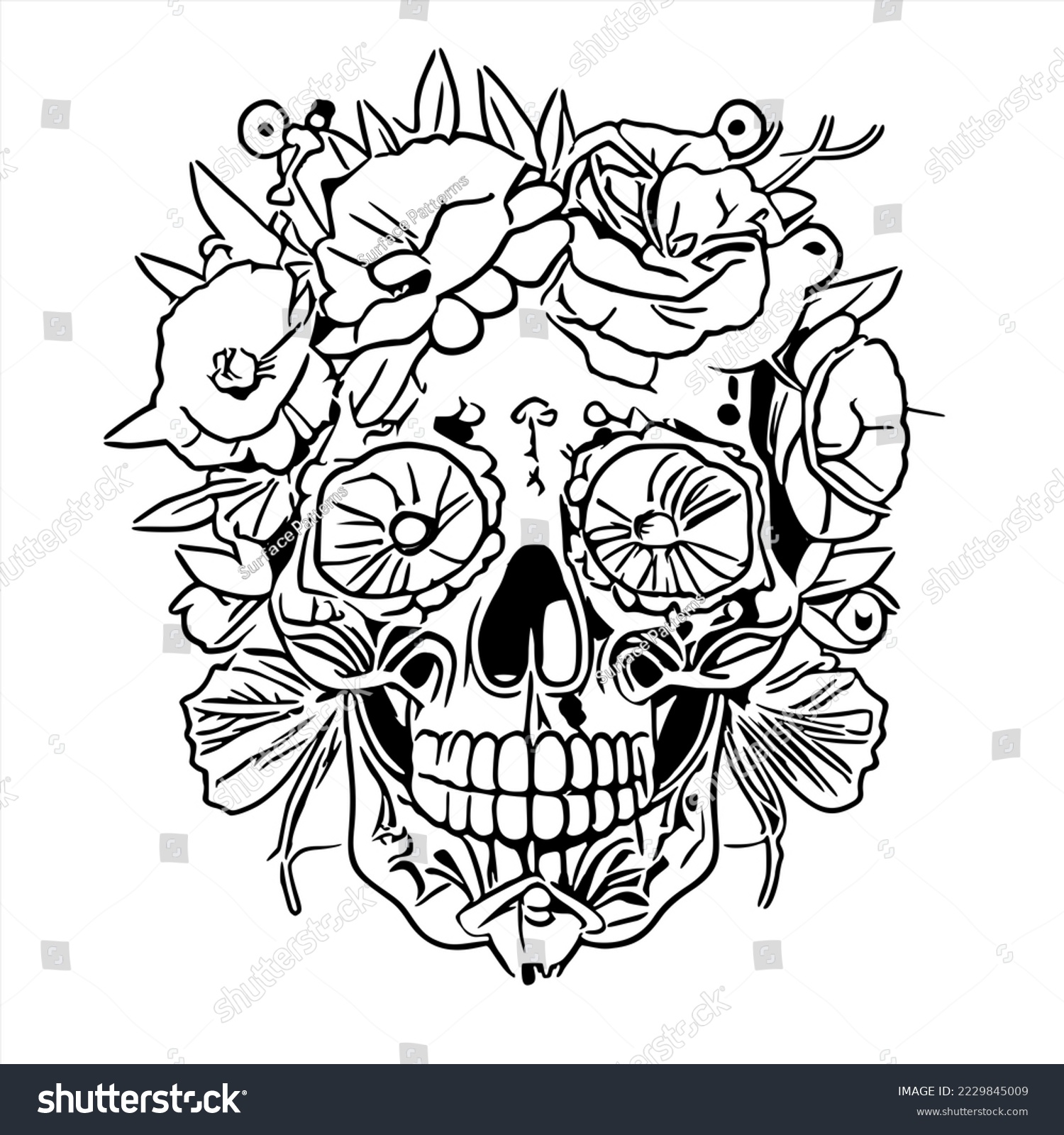 Calavera skull flowers coloring pages on stock illustration