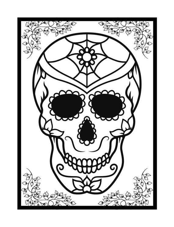 Sugar skull adult coloring page mexican skull coloring for adults calavera fun coloring page pod coloring instant delivery