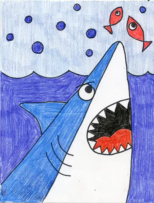 Easy how to draw a cartoon shark tutorial and coloring page