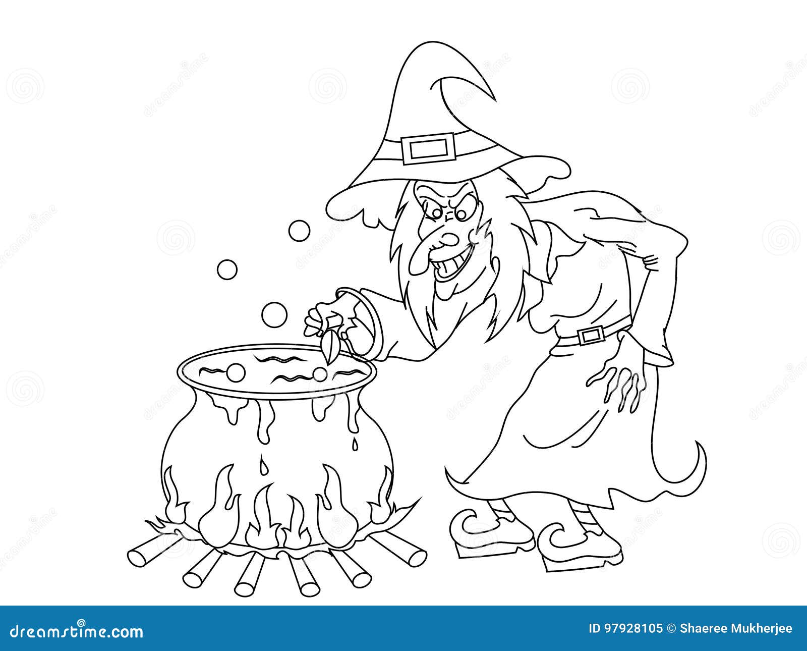 Cartoon halloween witch with cauldron coloring page stock illustration