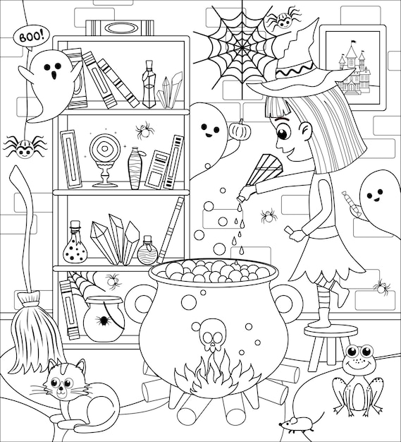 Premium vector coloring page witch is preparing potion in big cauldron halloween black and white vector