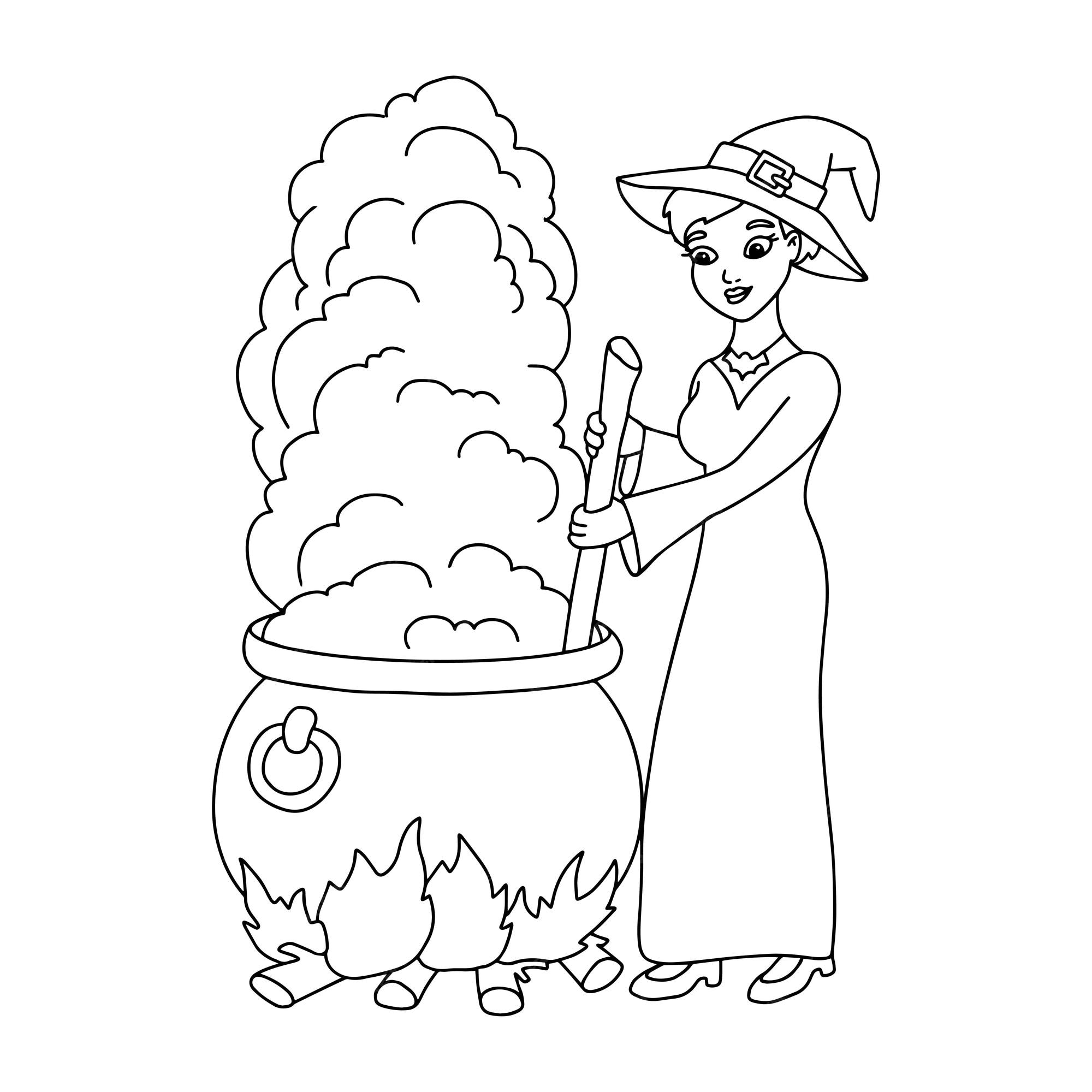 Premium vector a young witch is brewing a potion in a cauldron coloring book page for kids cartoon style character vector illustration isolated on white background halloween theme