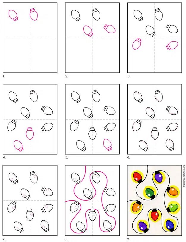 Easy how to draw christmas lights tutorial and christmas lights coloring page xmas drawing christmas card art christmas drawing