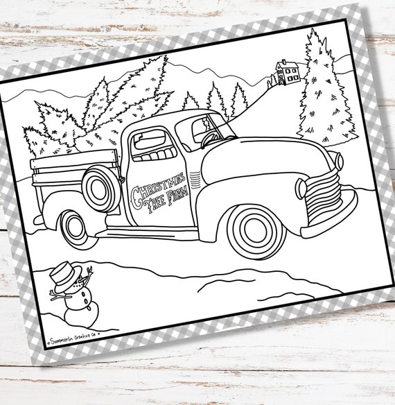 Christmas tree truck coloring page holiday pdf printable winter activity with farmhouse scene