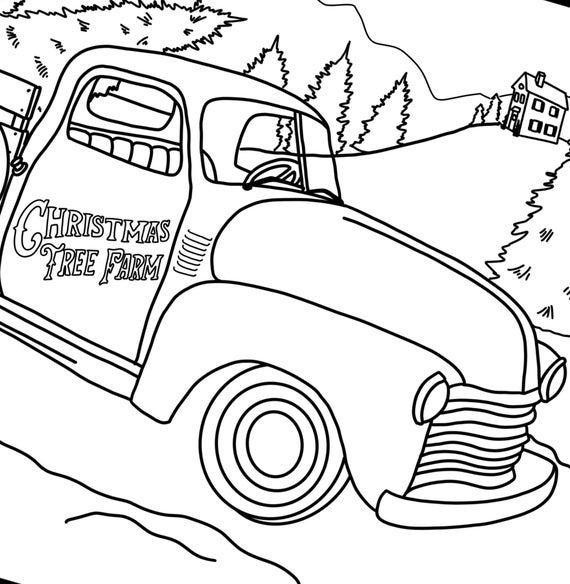 Christmas tree truck coloring page holiday pdf printable winter activity with farmhouse scene