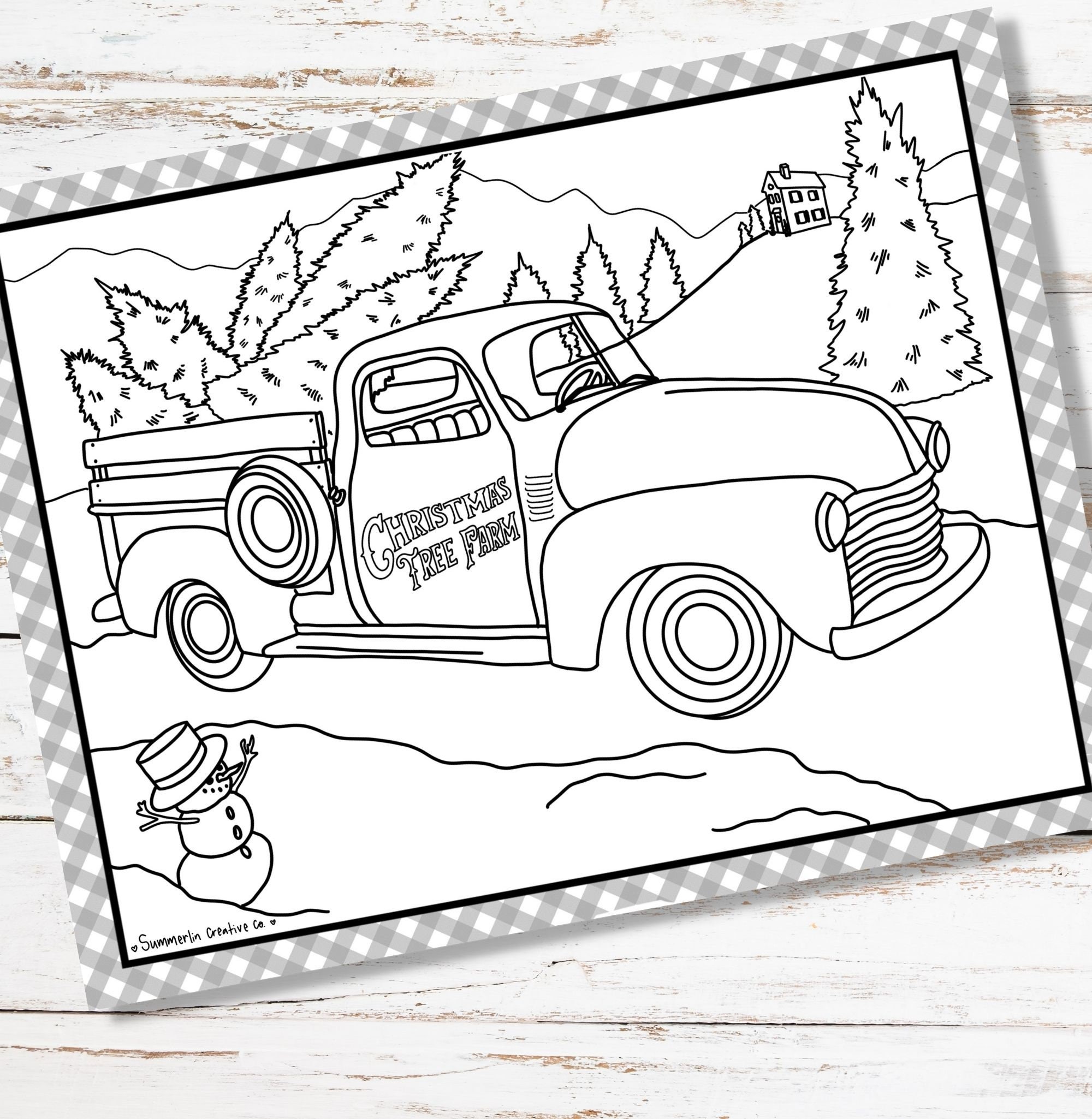 Christmas tree truck coloring page holiday pdf printable winter activity with farmhouse scene