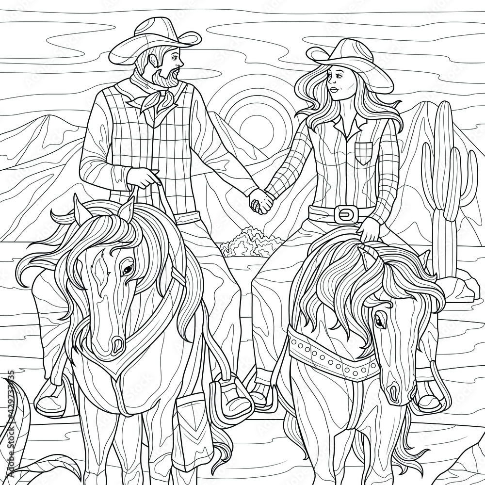 Two cowboys on horseback in desert coloring book antistress for children and adults illustration isolated on white backgroundzen