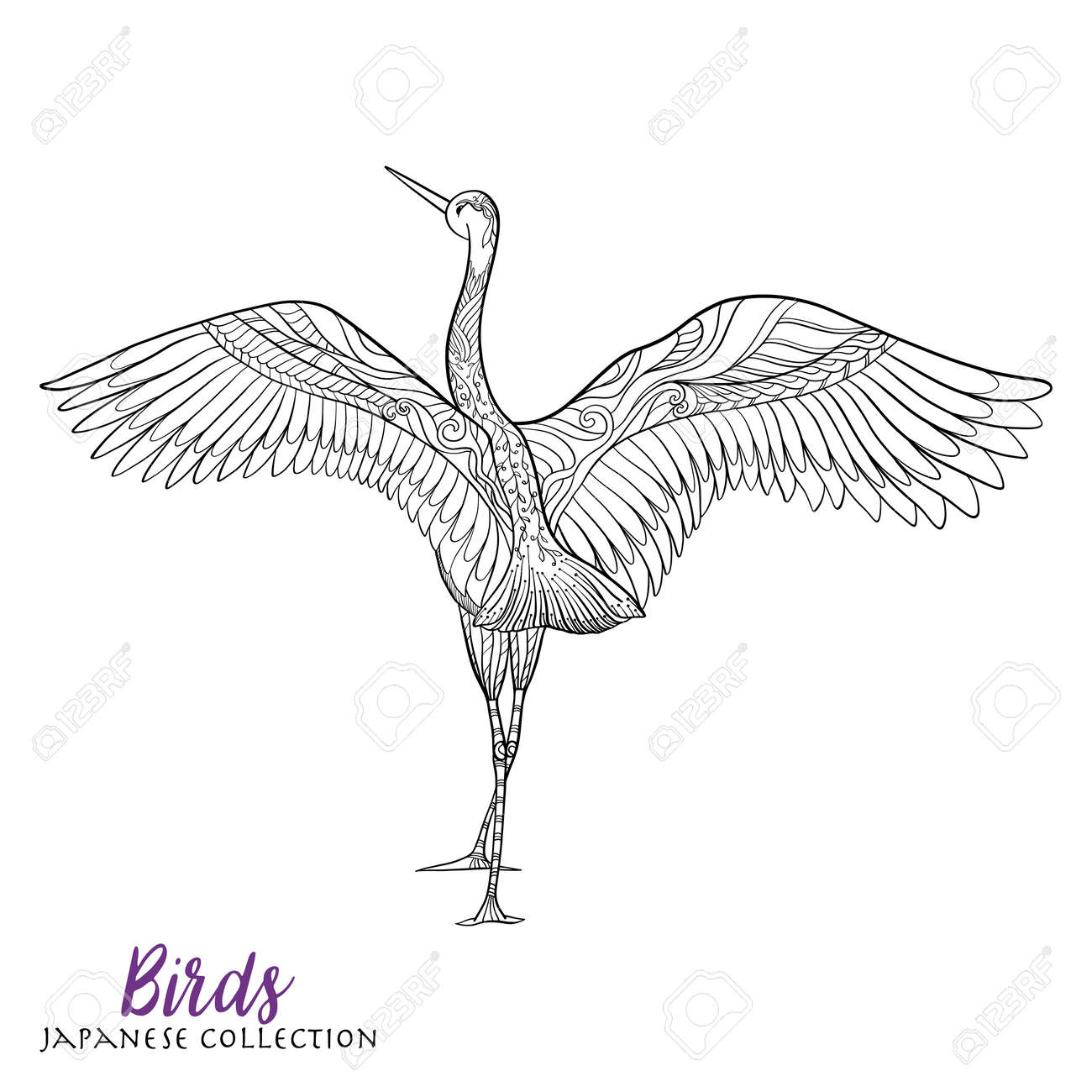 Japanese crane coloring book for adult outline drawing coloring page stock line vector illustration royalty free svg cliparts vectors and stock illustration image
