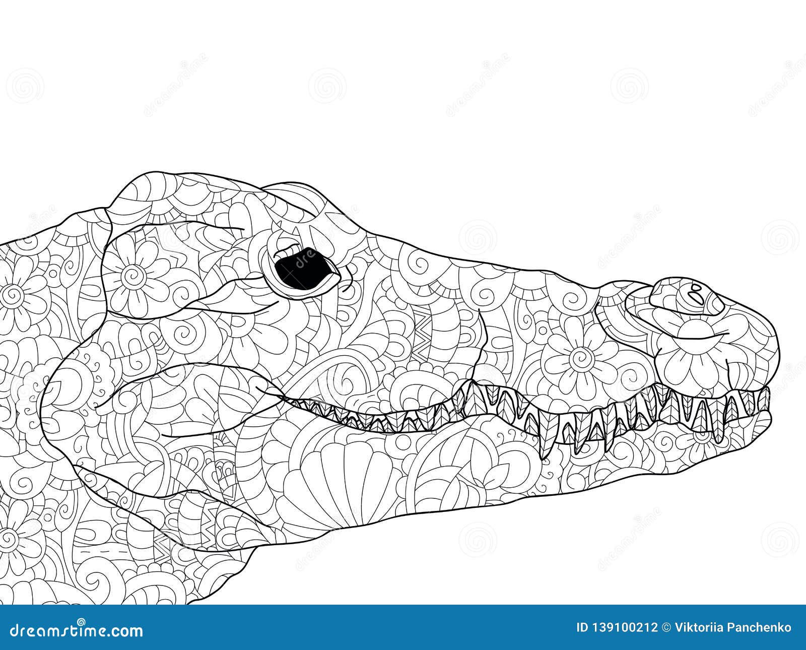 Crocodile head coloring antistress drawings black lines and white background nature flowers stock vector