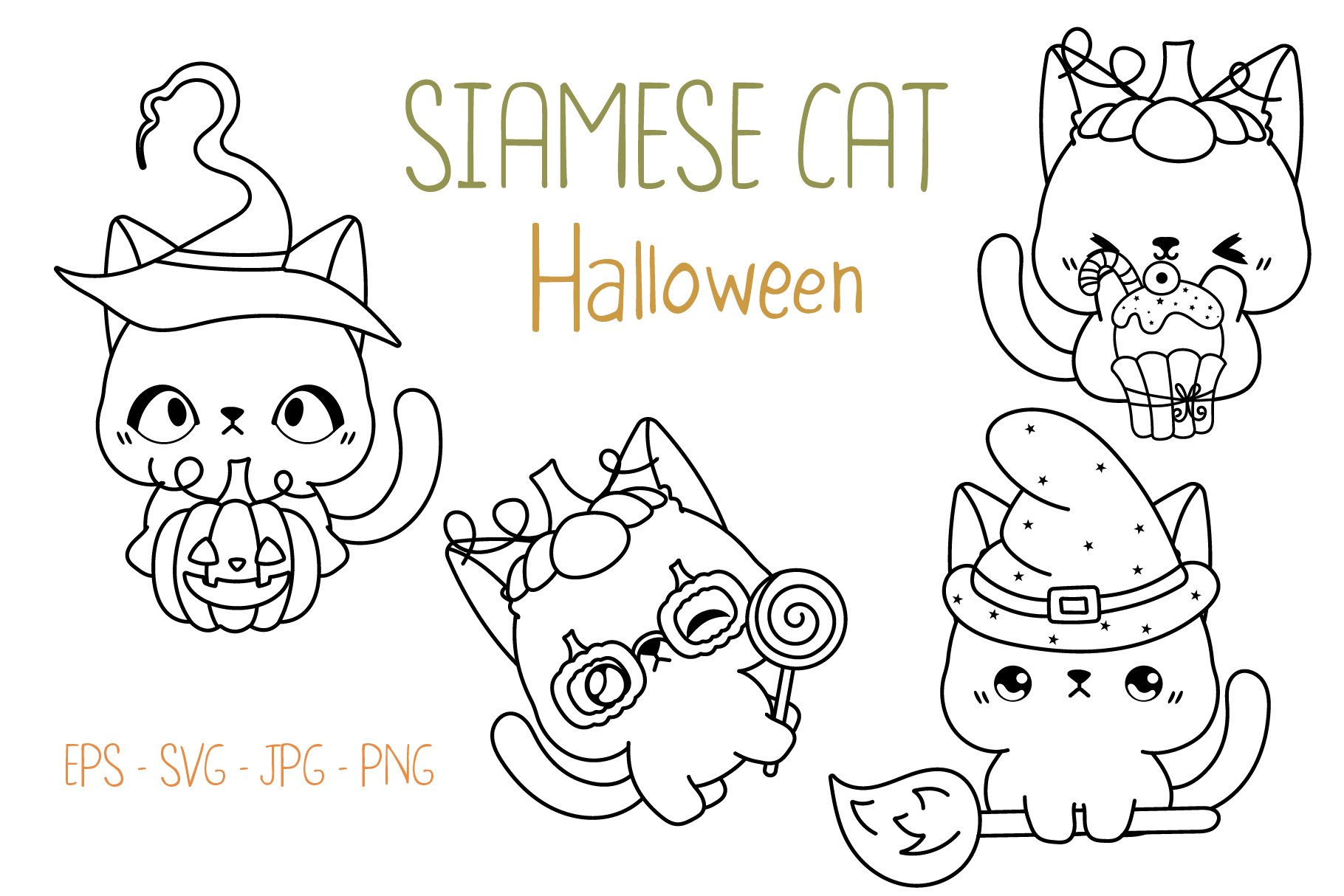 Set halloween siamese cat coloring page