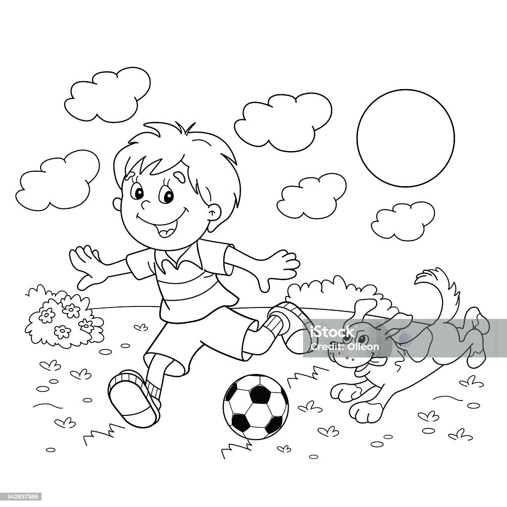 Coloring page outline of boy with soccer ball with dog stock illustration