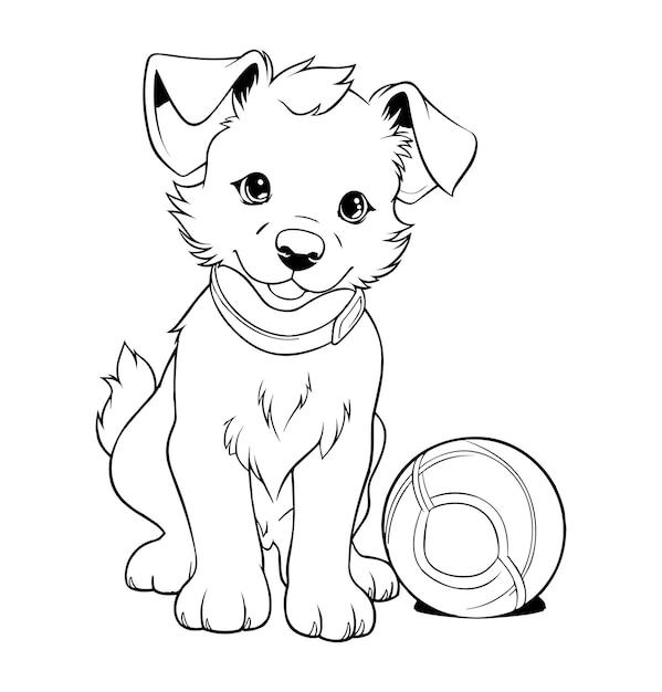Premium vector dog with a ball coloring page for kids
