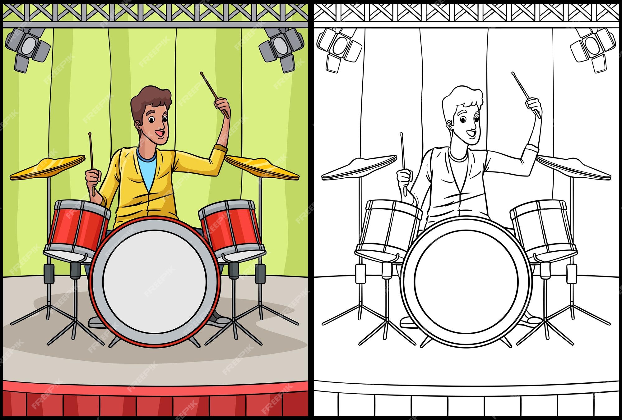 Premium vector drummer coloring page colored illustration