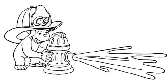 Curious george is playing with a fire hydrant coloring page