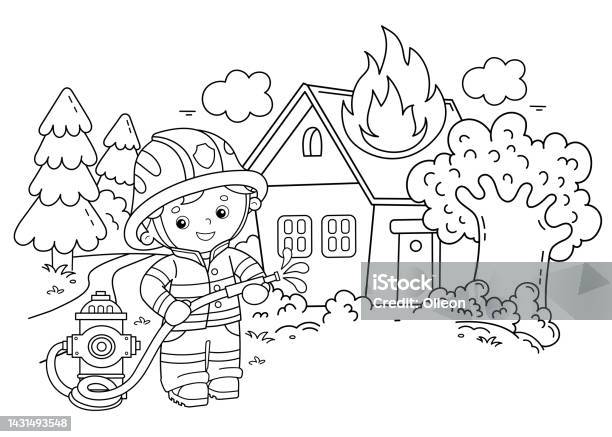 Coloring page outline of cartoon fireman or firefighter with fire hydrant fire fighting coloring book for kids stock illustration