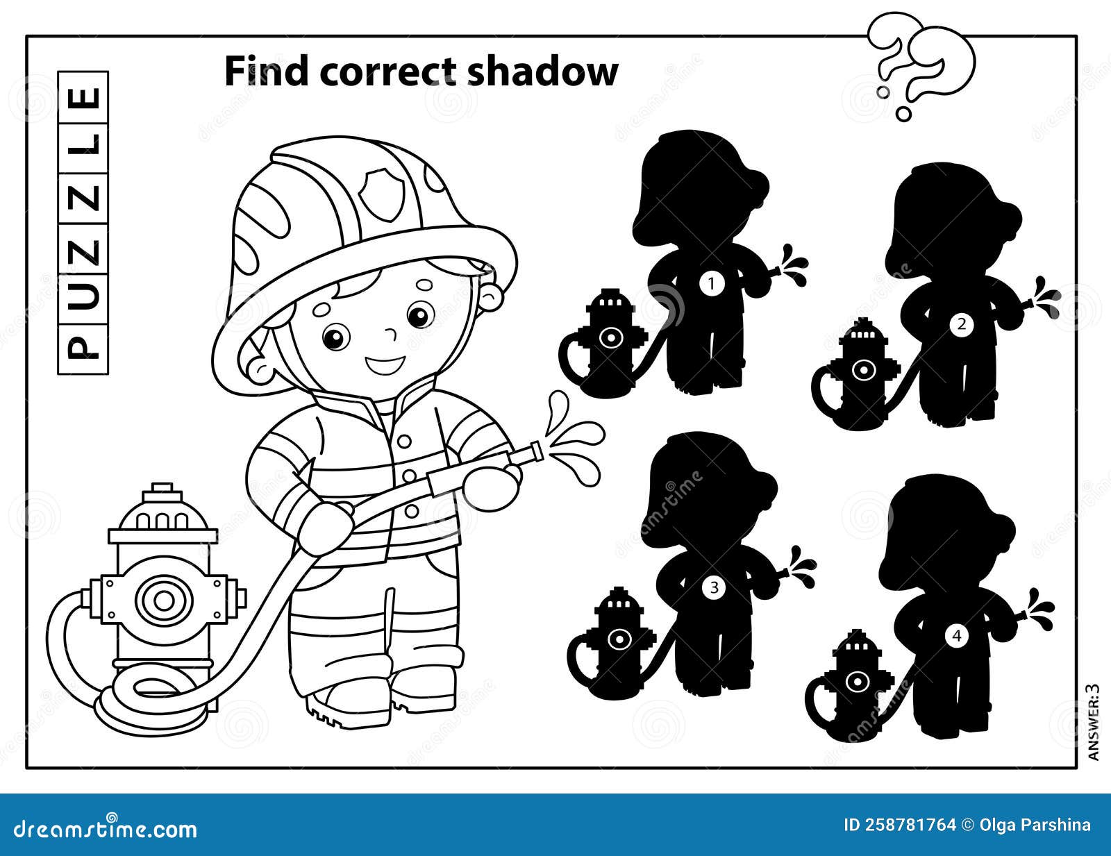Puzzle game for kids find correct shadow coloring page outline of cartoon fireman or firefighter with a fire hydrant stock vector