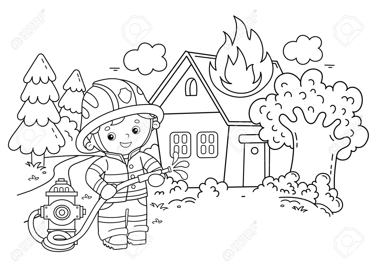 Coloring page outline of cartoon fireman or firefighter with fire hydrant fire fighting coloring book for kids royalty free svg cliparts vectors and stock illustration image