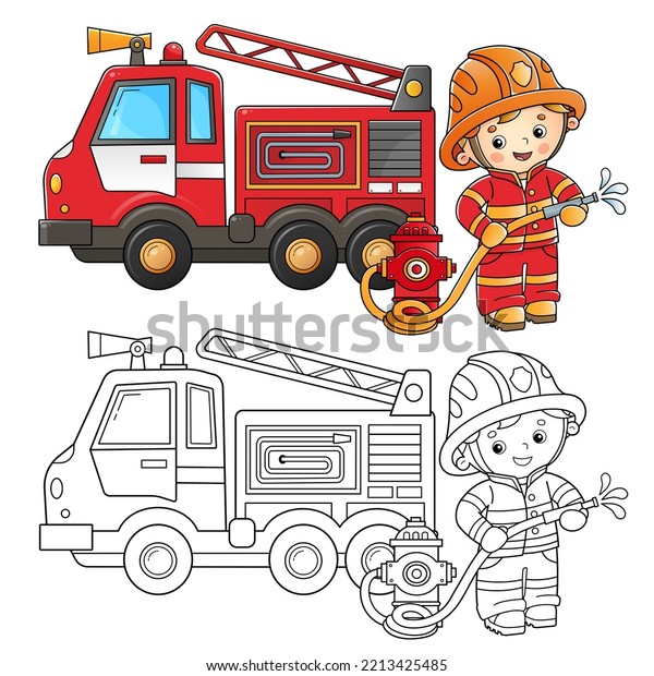 Coloring page outline cartoon fire truck stock vector royalty free
