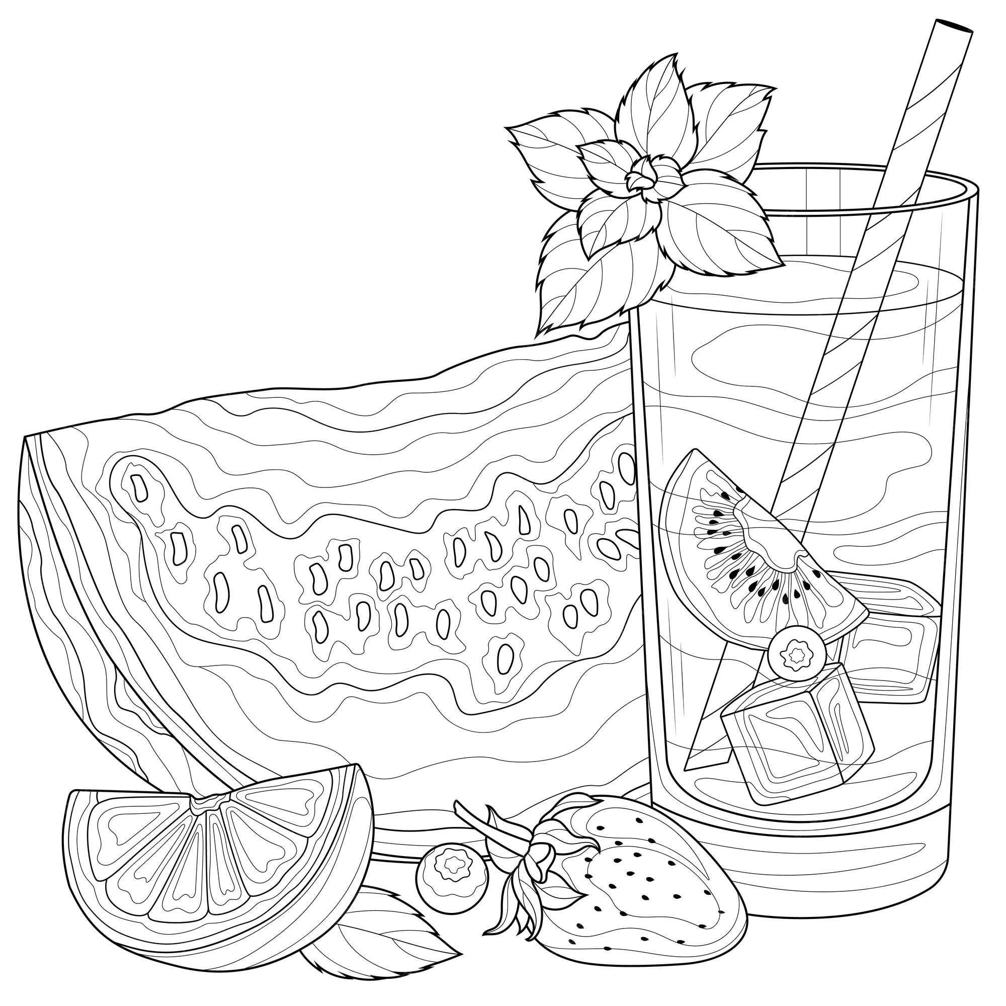 Premium vector glass of lemonade with watermelon strawberries and mintsummer drinkcoloring book antistress for children and adults