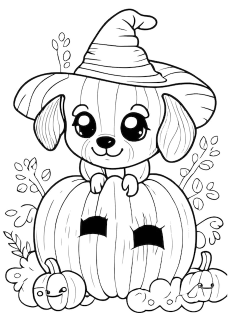 Premium vector halloween puppy delight witch hat and pumpkin coloring page vector