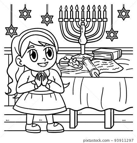 Hanukkah girl praying with menorah coloring page