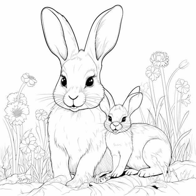 Premium ai image coloring book page sharp lines showing a cute mother jack rabbit