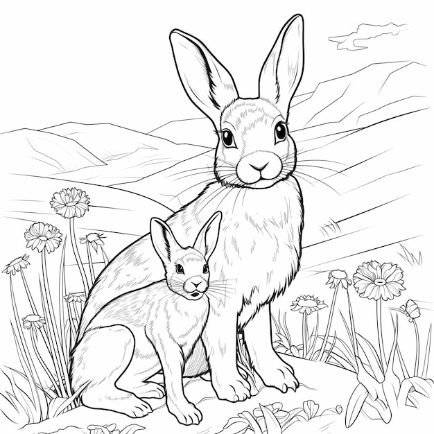 Premium ai image coloring book page sharp lines showing a cute mother jack rabbit