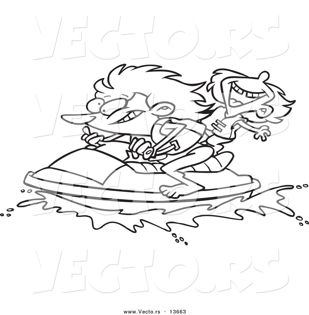 R of a cartoon mother and daughter riding a jet ski