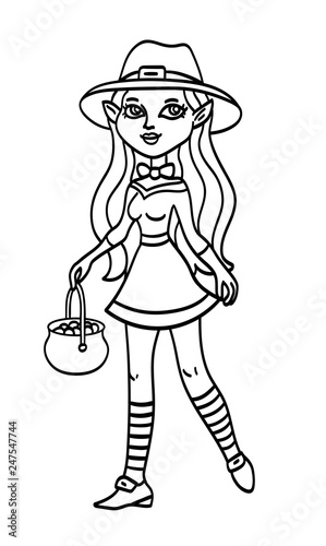 Leprechaun woman in a short dress and a hat walking with a pot of gold black outline cartoon saint patricks day irish folklore character illustration isolated on white background coloring book page