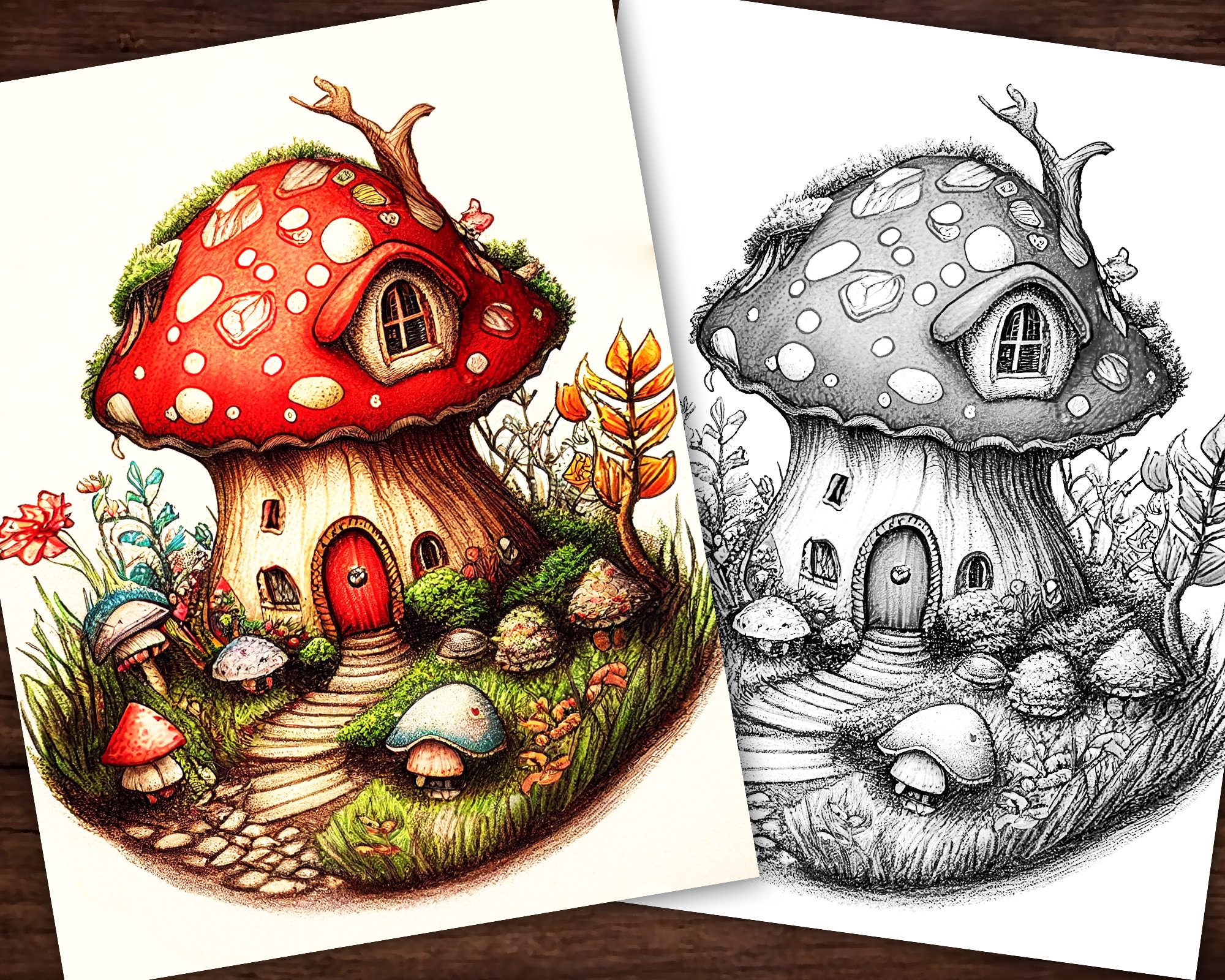 Cute mushroom house coloring page adults kids instant download grayscale coloring page printable pdf mushrooms fantasy houses cute
