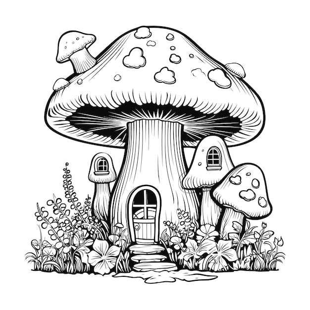 Premium vector mushroom house coloring pages for kid