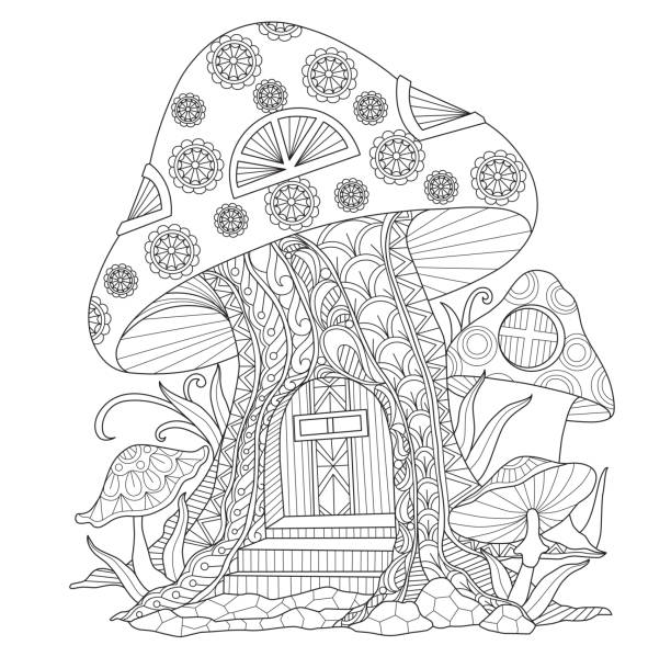 Hand drawn mushroom house for adult coloring page stock illustration