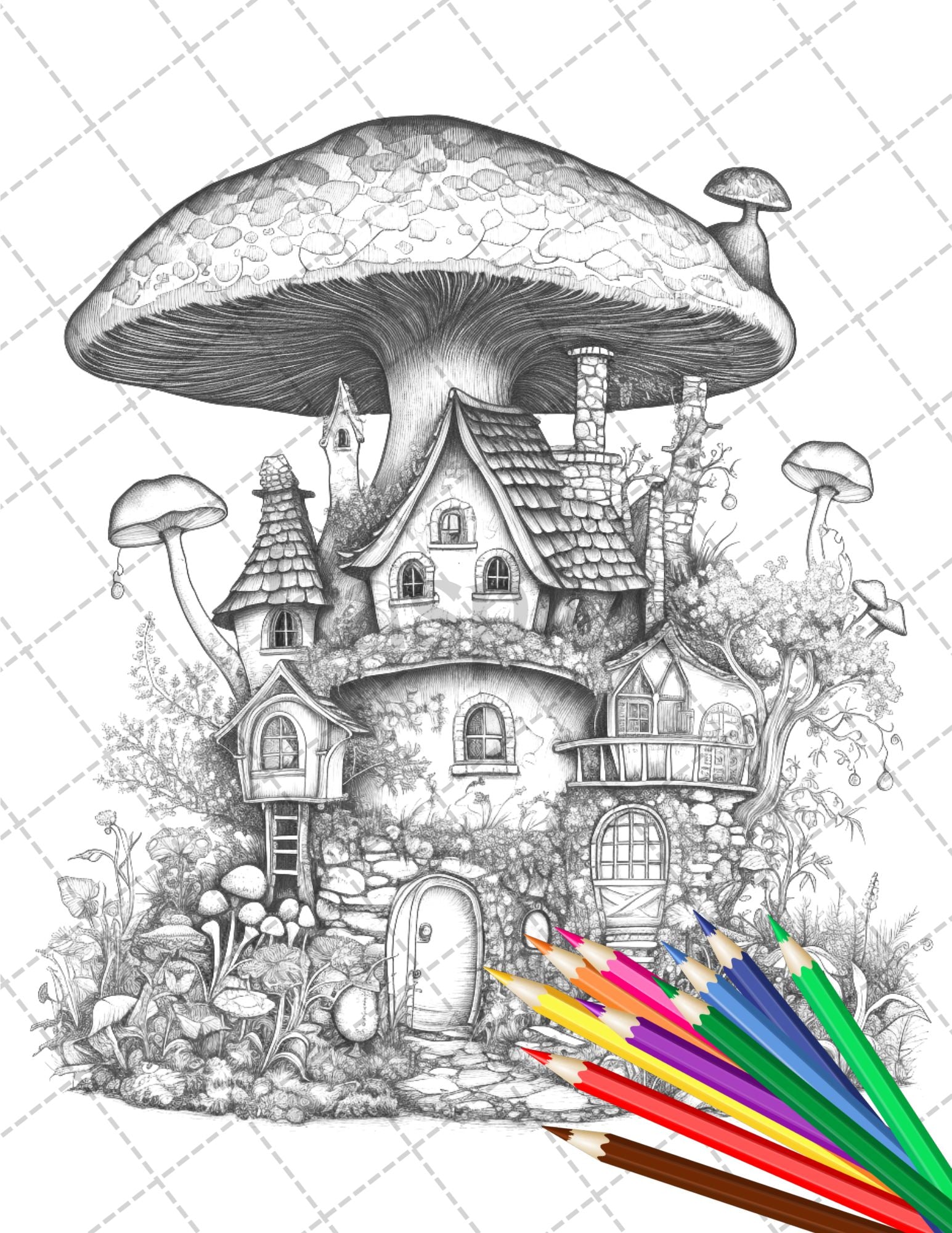 Whimsical mushroom house coloring pages for adults grayscale color â coloring
