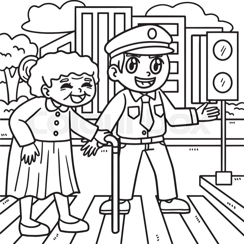 Police helping old woman coloring page for kids stock vector
