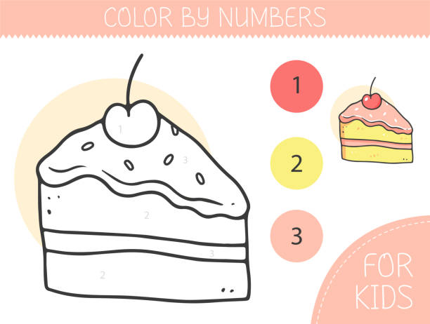 Color by numbers coloring page for kids with piece of cake coloring book with cute cartoon cake with an example for coloring monochrome and color versions stock illustration
