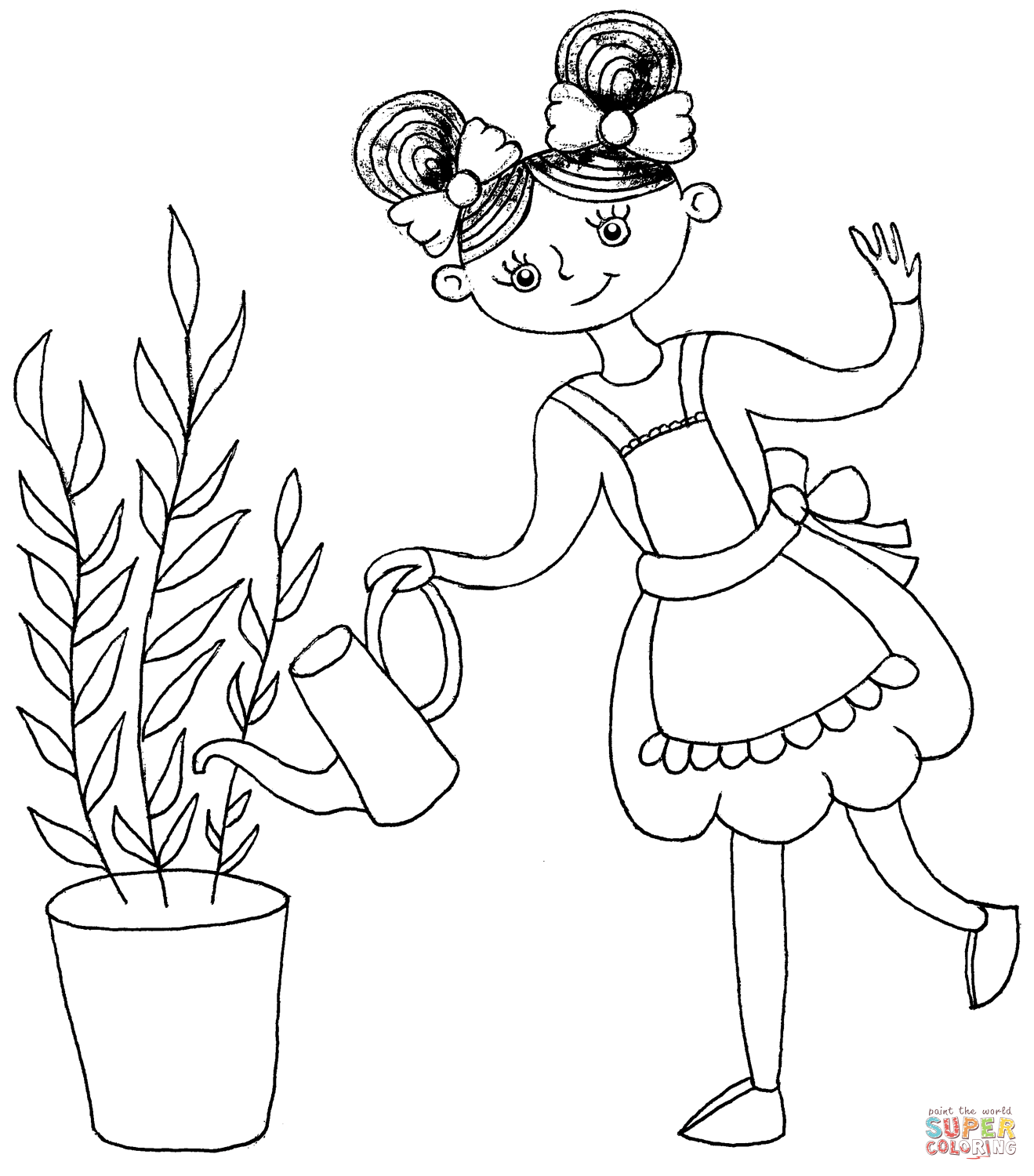 A girl watering a plant coloring page free printable coloring pages