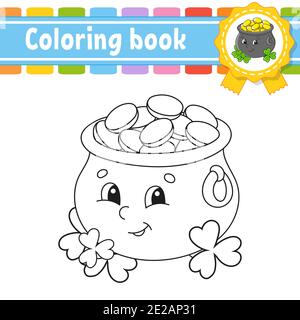 Coloring book for kids cheerful character pot of gold vector illustration cute cartoon style st patricks day black contour silhouette isolate stock vector image art