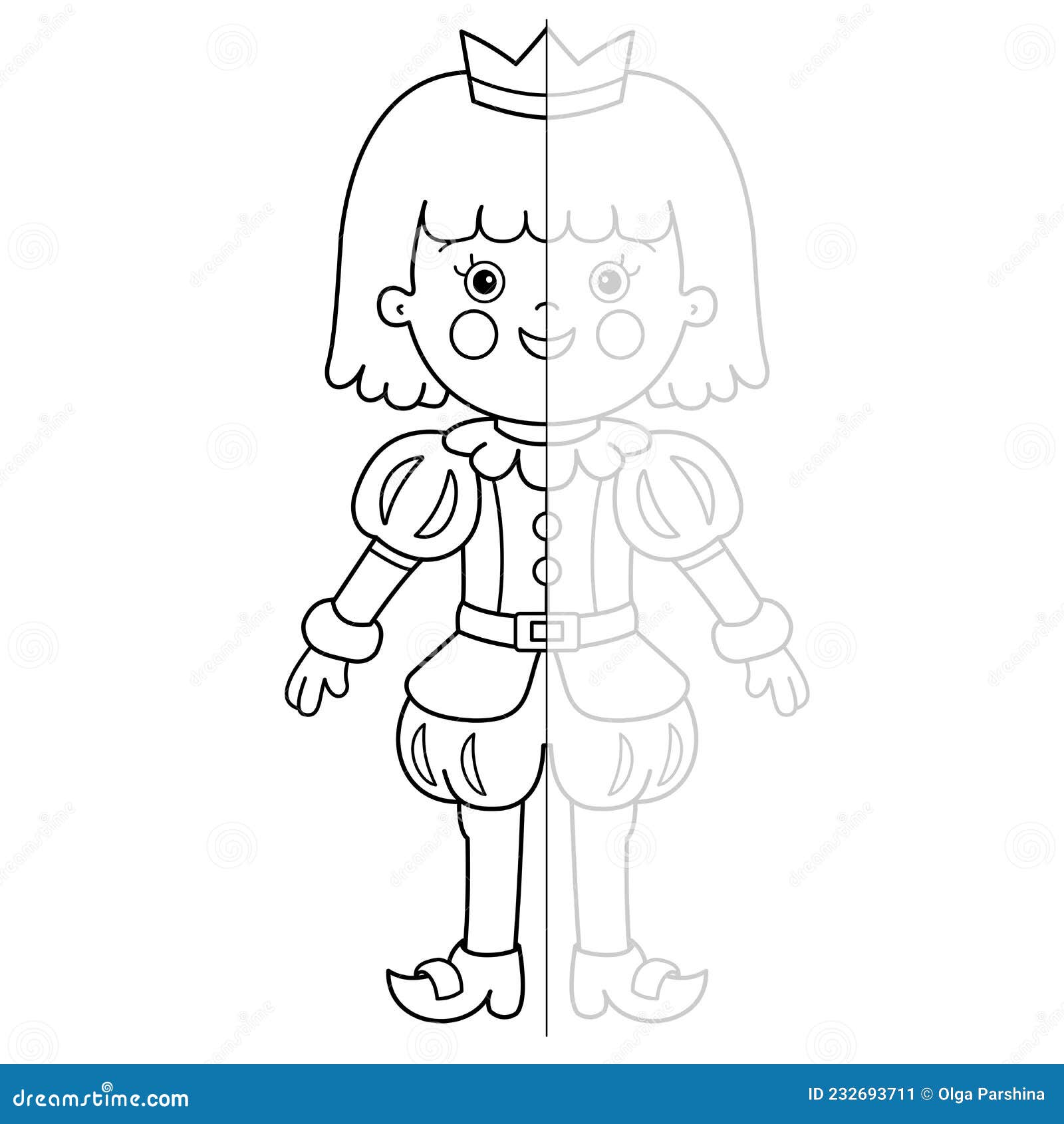 Draw symmetrically coloring page outline of cartoon lovely prince beautiful young king fairy tale hero stock vector