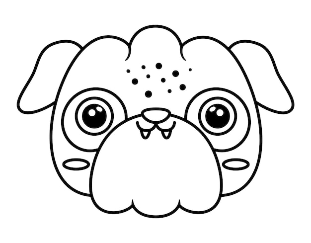 Premium vector vector cartoon pug face black and white dog muzzle funny pup head cute animal illustration for kids funny little pet icon or coloring page