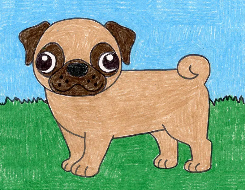Easy how to draw a pug tutorial and pug dog coloring page